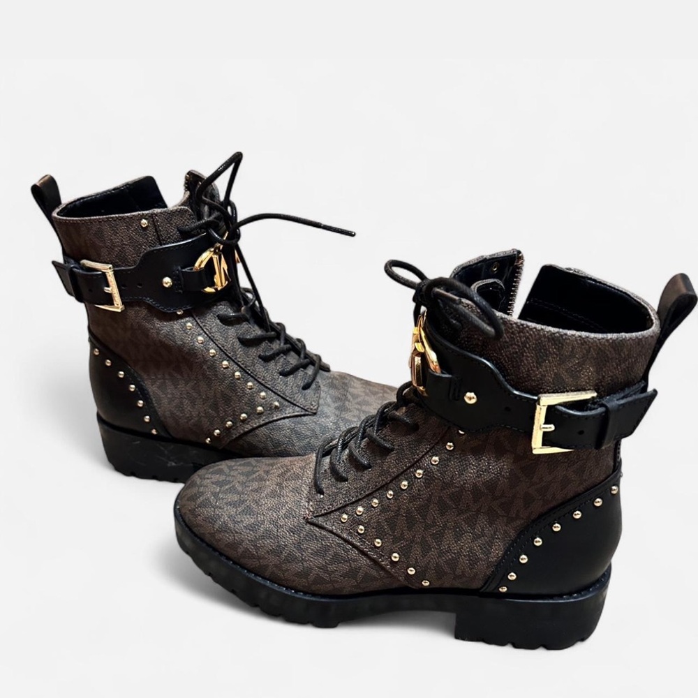 Michael Kors Black and Brown Combat Moto Boots